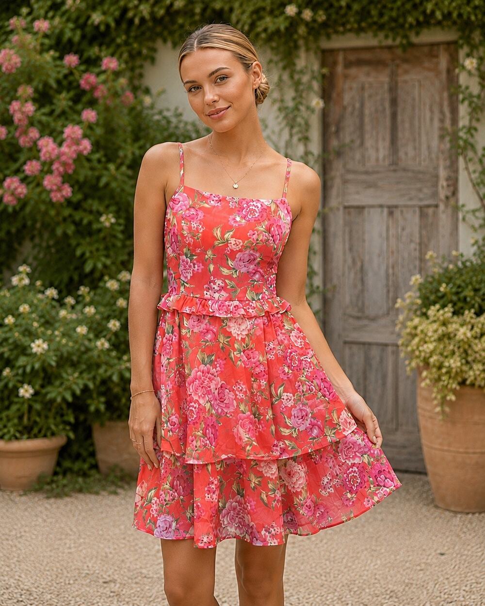 Peach Love Floral Tiered Mini Dress Small Smocked Back Lined Adjustable Strap